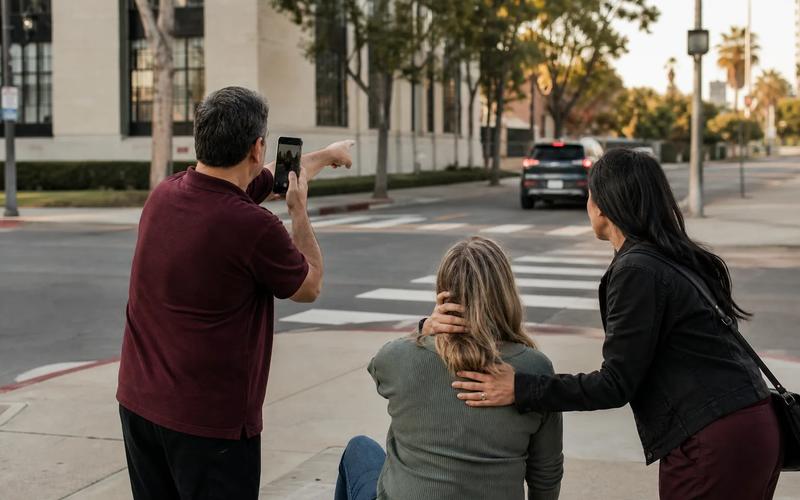 Two witnesses helping a pedestrian while noting a fleeing vehicle's direction and nearby street cameras