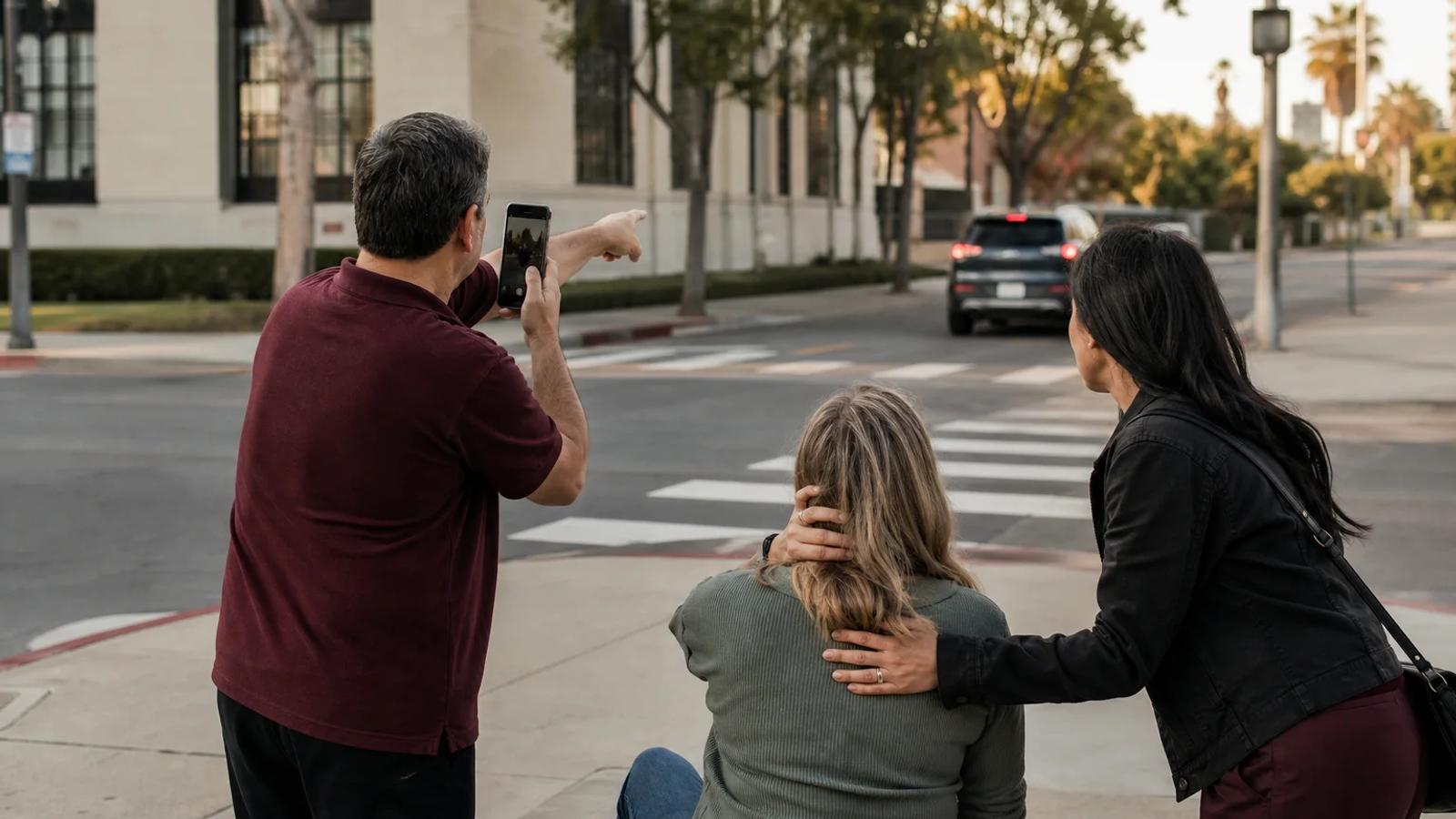 Two witnesses helping a pedestrian while noting a fleeing vehicle's direction and nearby street cameras