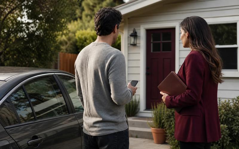 A person and defense attorney standing between a parked car and home while reviewing an untouched phone