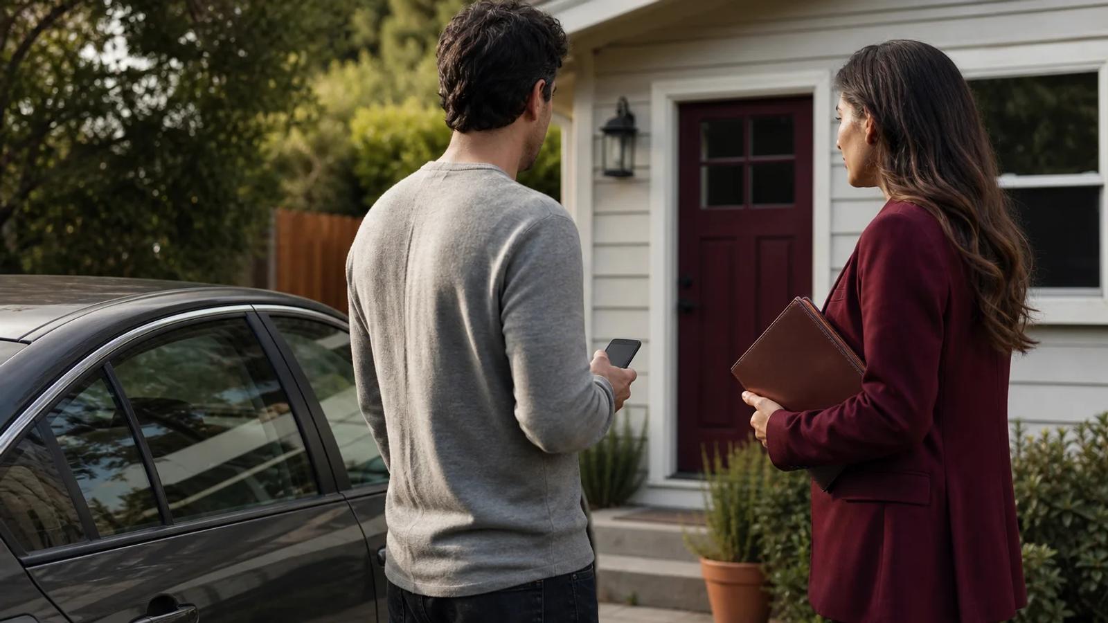 A person and defense attorney standing between a parked car and home while reviewing an untouched phone