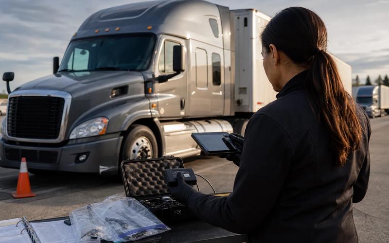 A team documenting a parked commercial truck, electronic data port, trailer, tires, and cargo seals