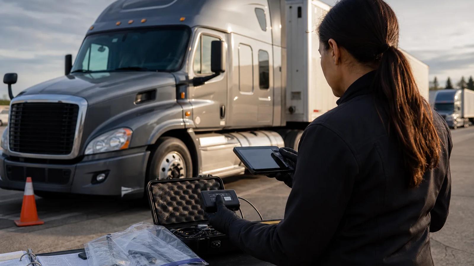 A team documenting a parked commercial truck, electronic data port, trailer, tires, and cargo seals