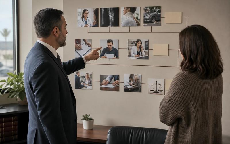 An injured person and attorney reviewing a clear claim path from evidence and treatment to negotiation and court