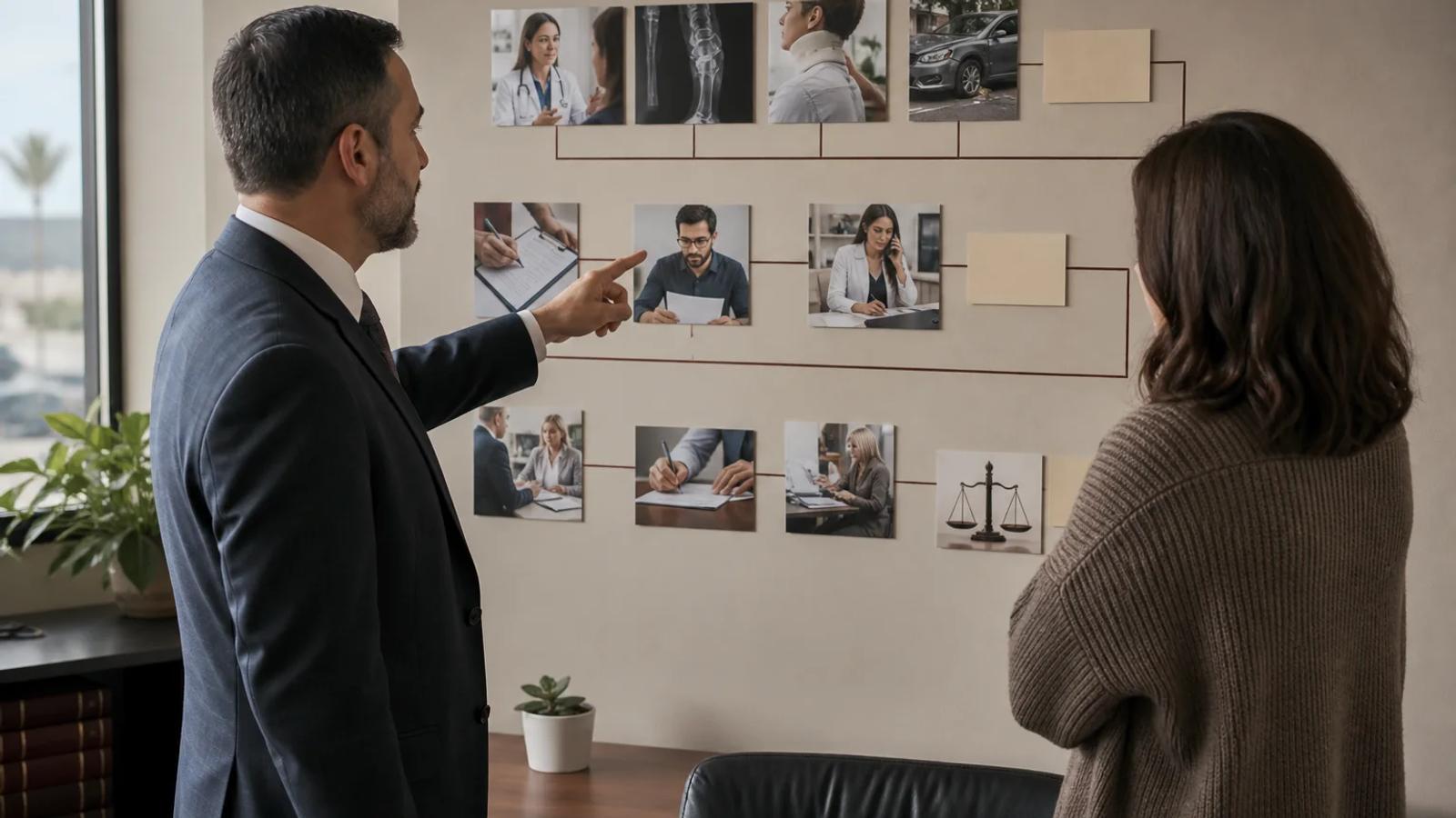 An injured person and attorney reviewing a clear claim path from evidence and treatment to negotiation and court