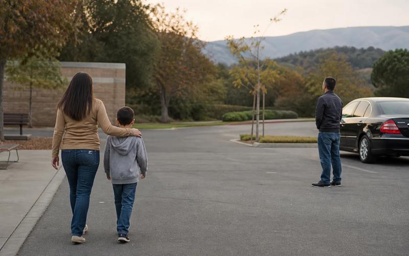 A child walking with a trusted adult while another adult waits at a respectful distance during an exchange