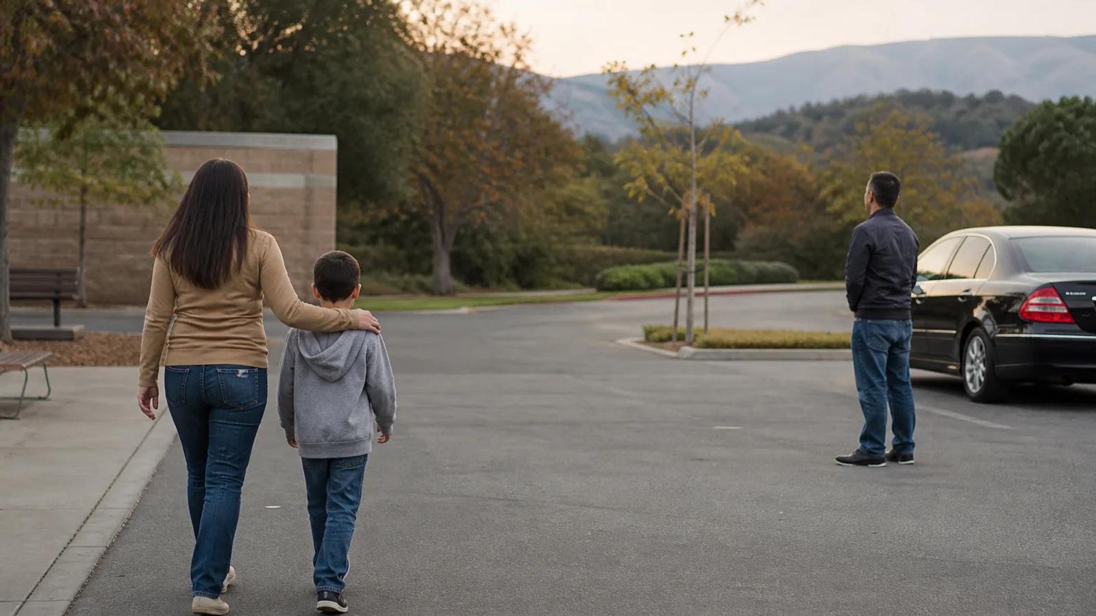 A child walking with a trusted adult while another adult waits at a respectful distance during an exchange