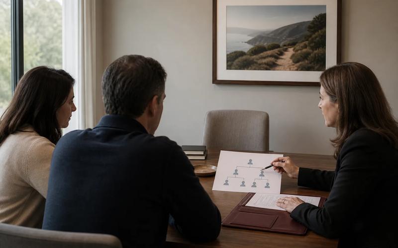 A family reviewing a relationship chart and estate papers beside a framed memorial photograph