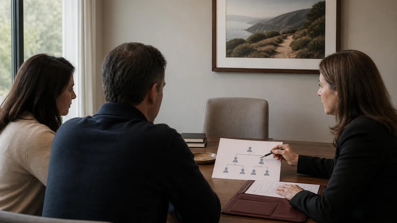 A family reviewing a relationship chart and estate papers beside a framed memorial photograph