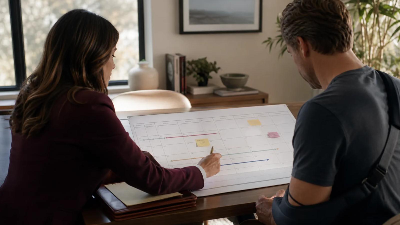 An injured person and attorney marking separate court, government-claim, and evidence deadlines on a calendar