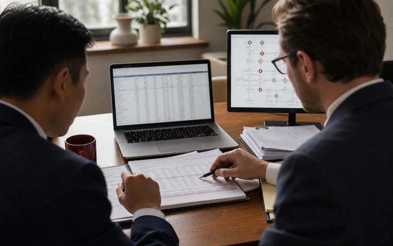 An accountant and defense attorney tracing authorized payments across a ledger, approval email, and bank timeline