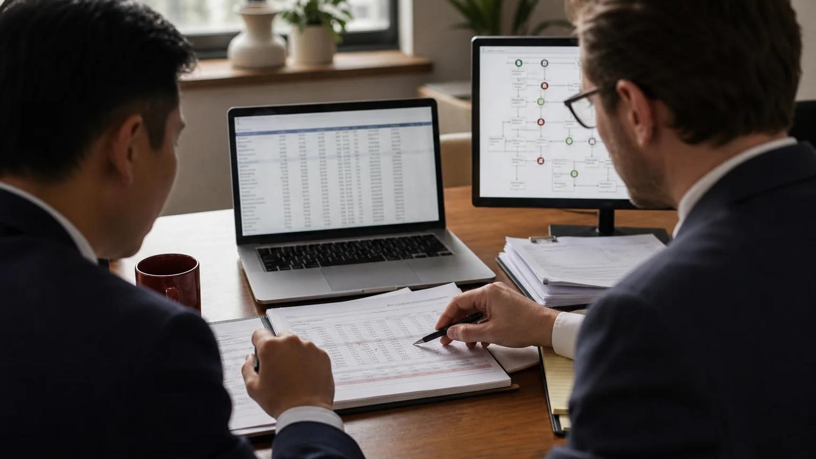 An accountant and defense attorney tracing authorized payments across a ledger, approval email, and bank timeline