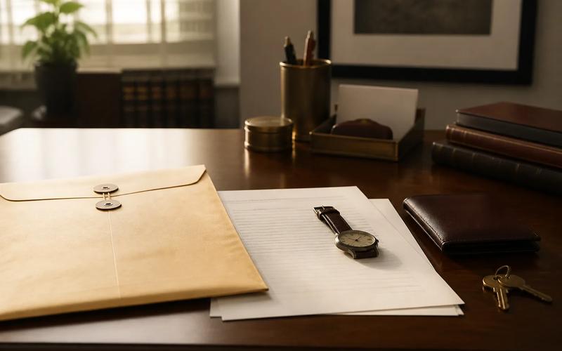 An anonymous booking property envelope, court-date paper, and watch arranged on a law-office desk