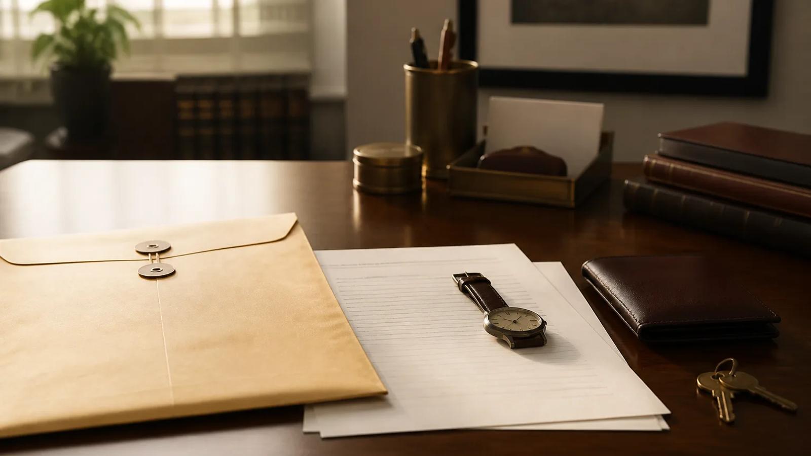 An anonymous booking property envelope, court-date paper, and watch arranged on a law-office desk