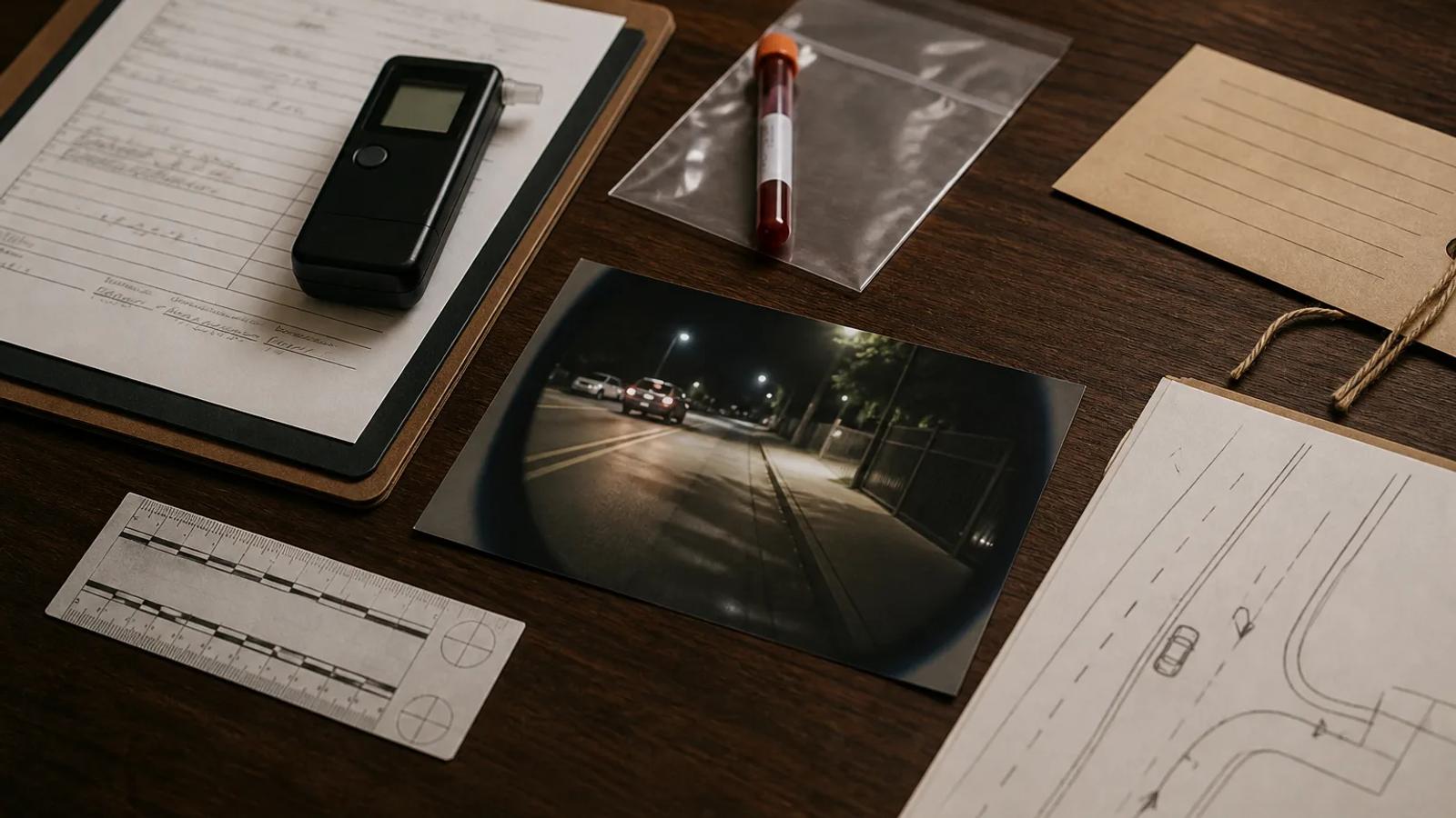 A breath device, sealed blood sample, roadway image, evidence envelope, and scene sketch arranged for legal review