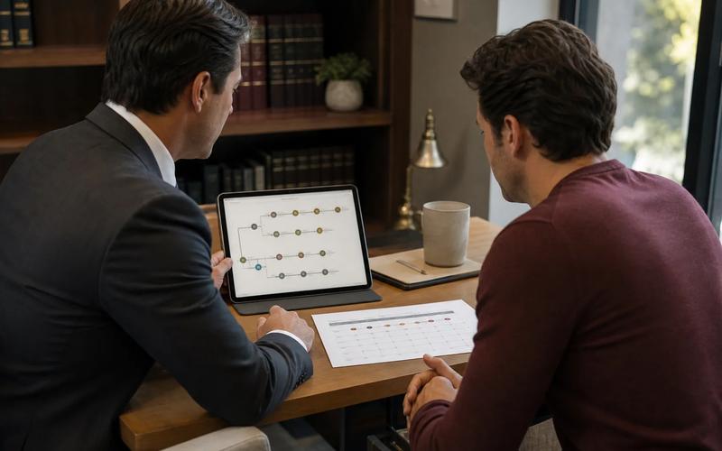 A person and attorney reviewing a three-tier timeline and residence-reporting calendar without visible personal data