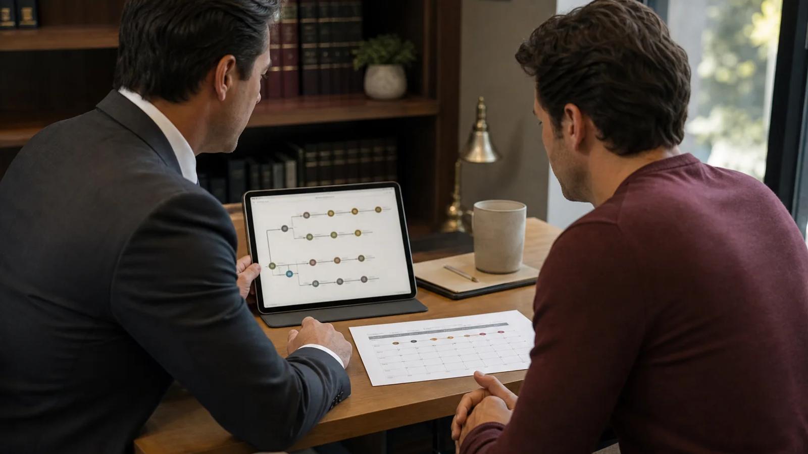 A person and attorney reviewing a three-tier timeline and residence-reporting calendar without visible personal data