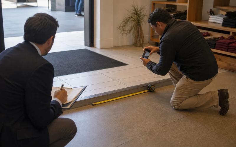 An investigator documenting a subtle floor hazard, lighting, warning placement, and walking path in a store