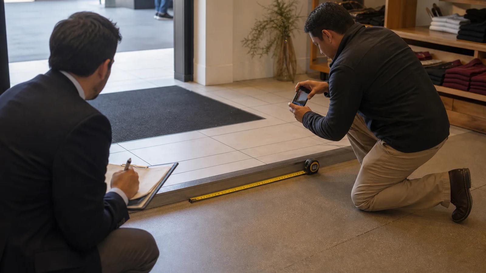 An investigator documenting a subtle floor hazard, lighting, warning placement, and walking path in a store