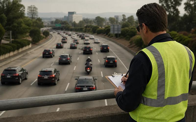 A motorcycle traveling carefully between slow traffic while an overhead view shows lane positions and turn signals