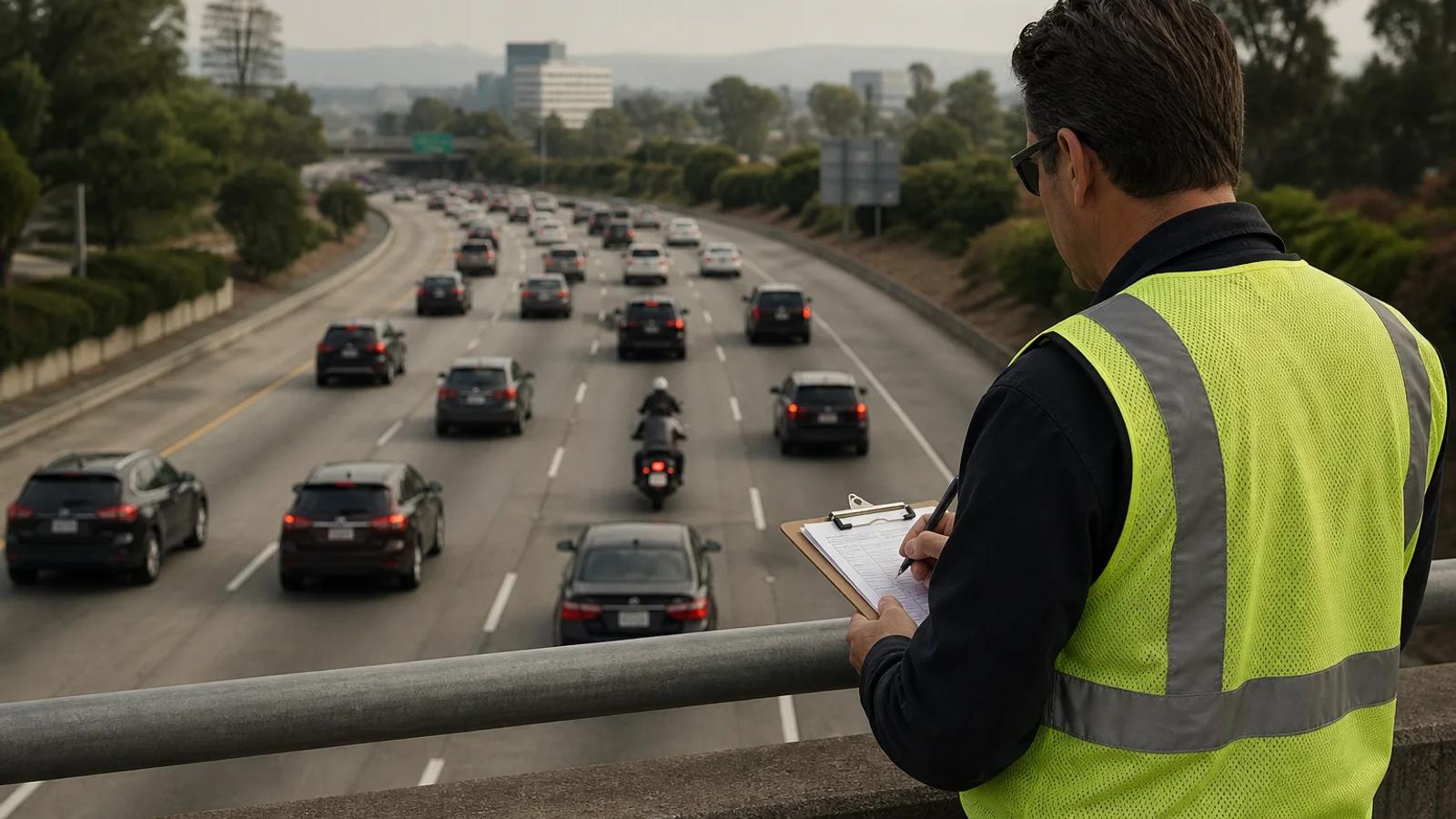 A motorcycle traveling carefully between slow traffic while an overhead view shows lane positions and turn signals