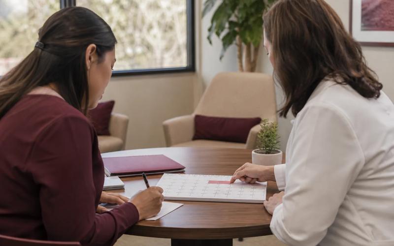 An injured person reviewing appointment records and a treatment timeline with a medical provider