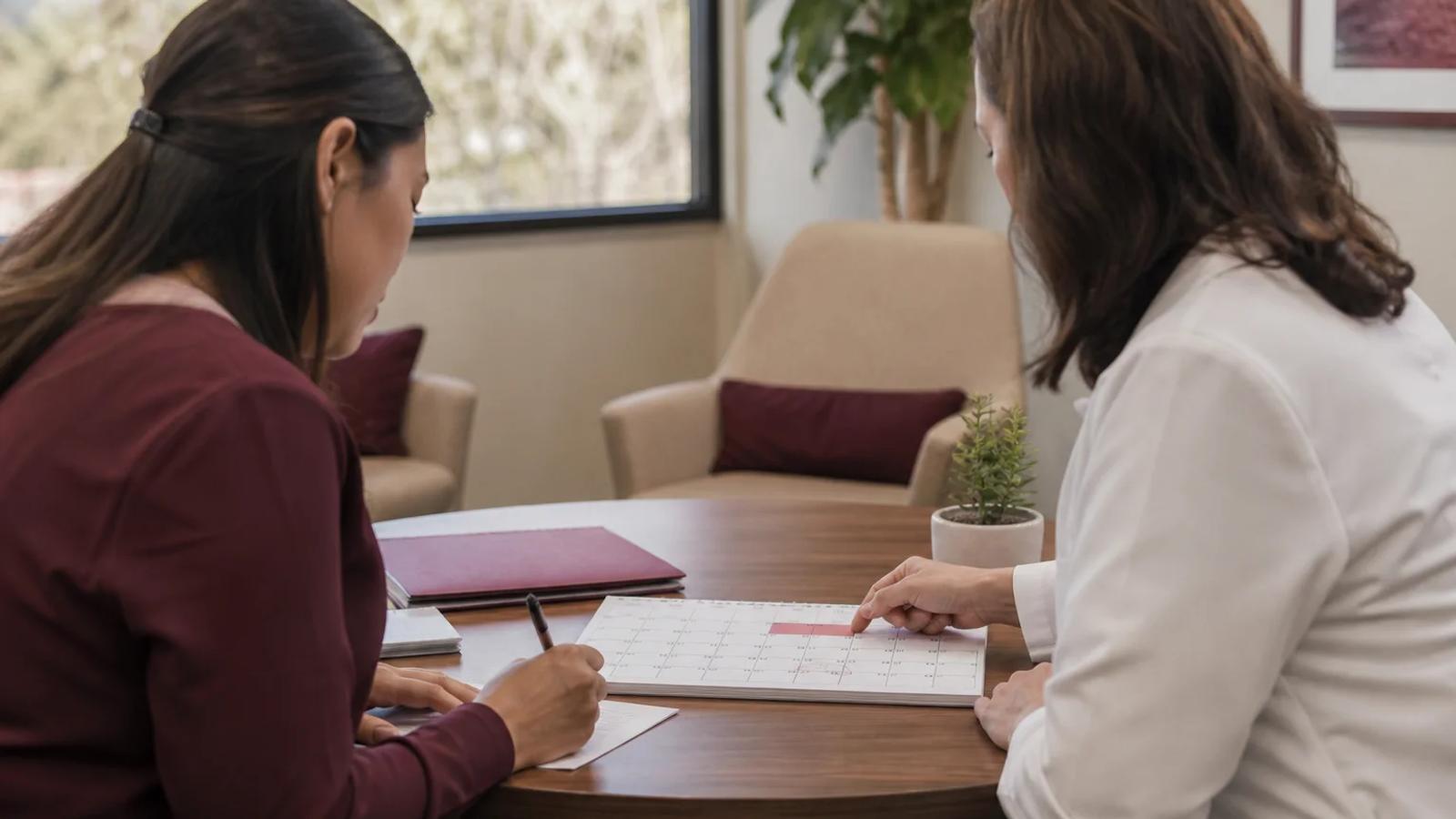 An injured person reviewing appointment records and a treatment timeline with a medical provider