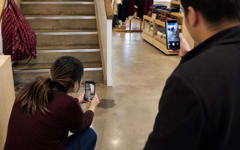 A companion safely photographing a floor hazard, warning sign, shoe, and nearby security camera after a fall