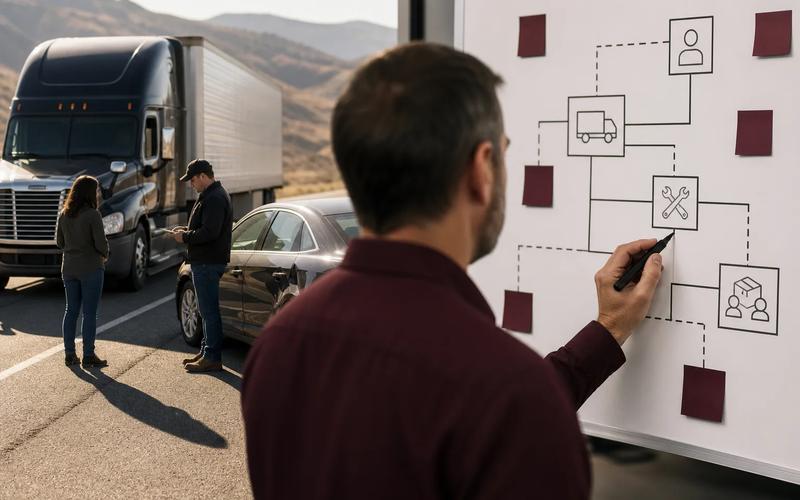 An investigator examining a commercial truck while counsel maps the carrier, trailer, cargo, and maintenance companies
