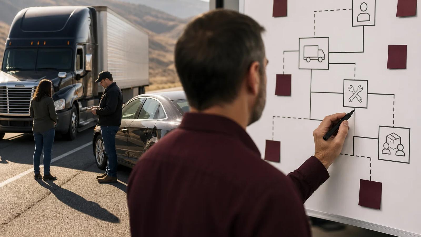 An investigator examining a commercial truck while counsel maps the carrier, trailer, cargo, and maintenance companies