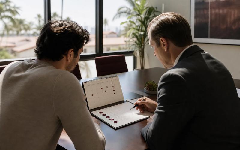A person reviewing a court program calendar and completion checklist with counsel