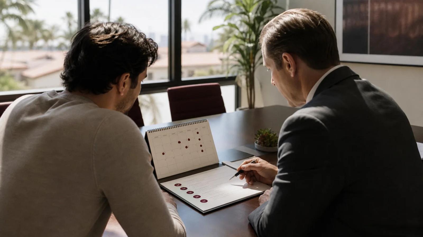 A person reviewing a court program calendar and completion checklist with counsel