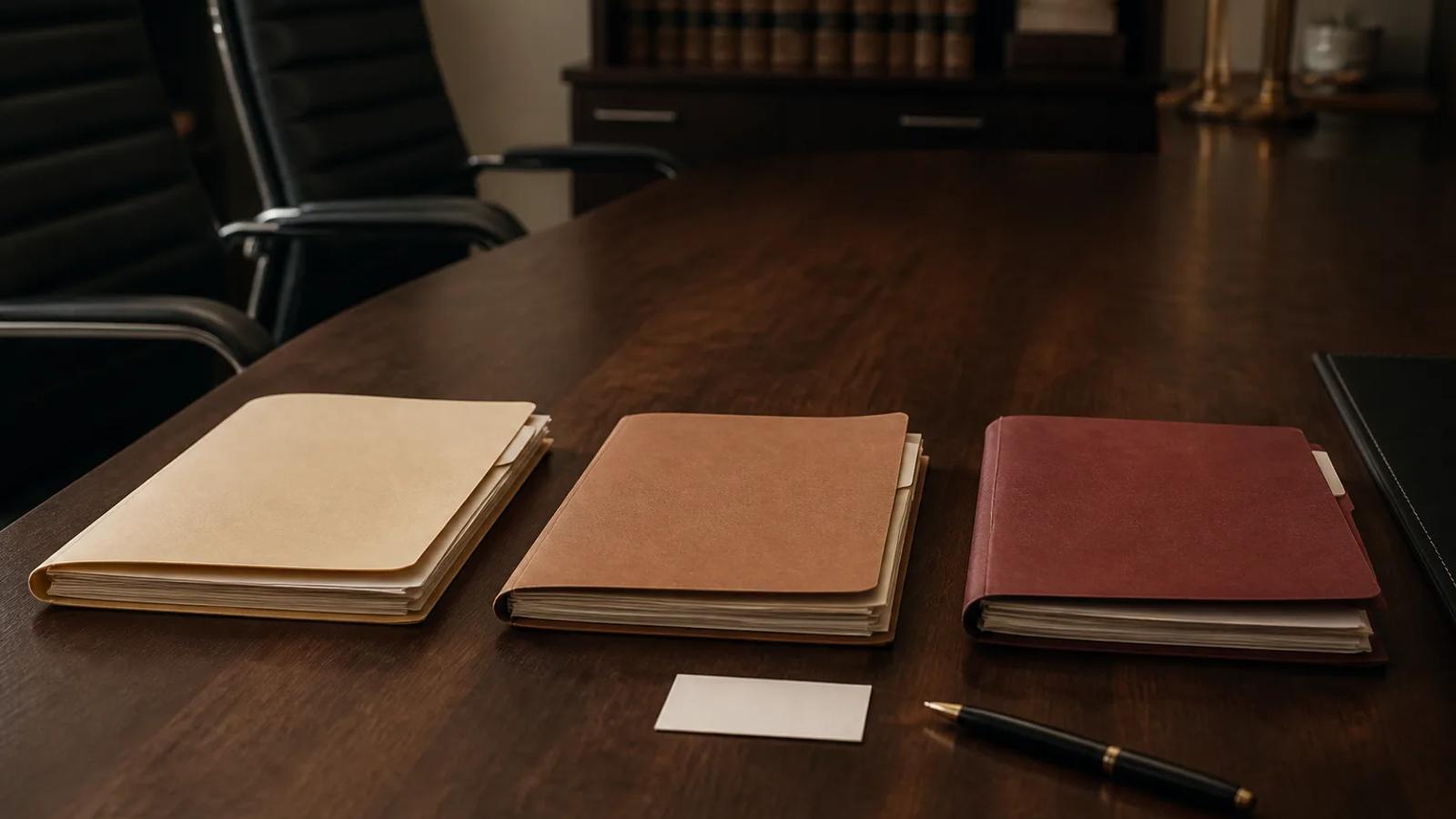 Three anonymous DUI case folders arranged in sequence on a conference table