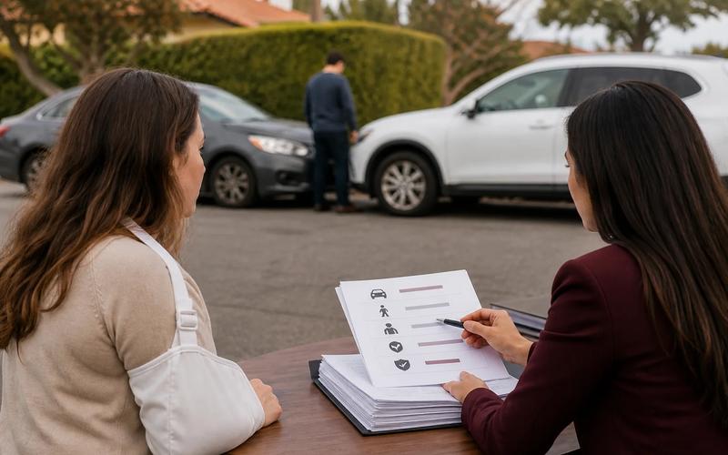 A driver and attorney comparing coverage layers and two vehicle markers after a collision