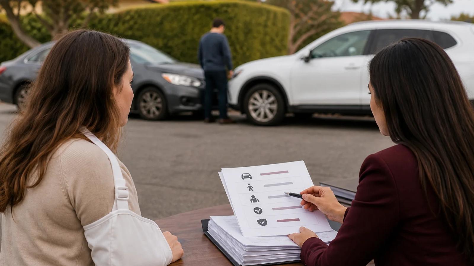 A driver and attorney comparing coverage layers and two vehicle markers after a collision