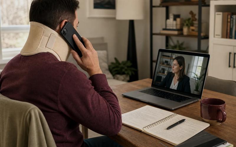 An injured person pausing an insurer call while reviewing a policy and timeline with counsel