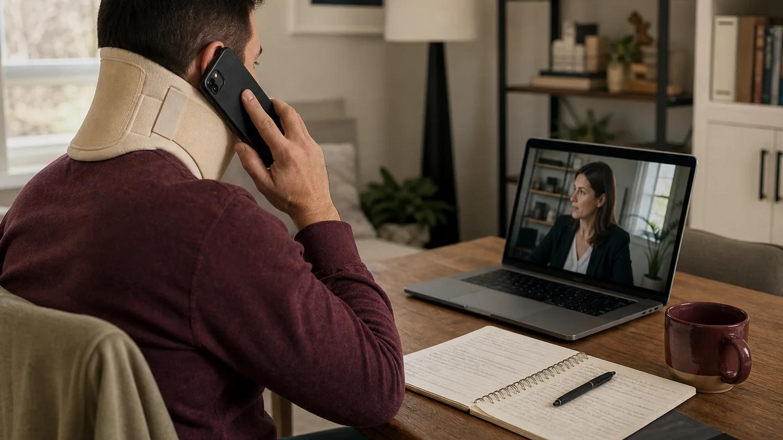 An injured person pausing an insurer call while reviewing a policy and timeline with counsel