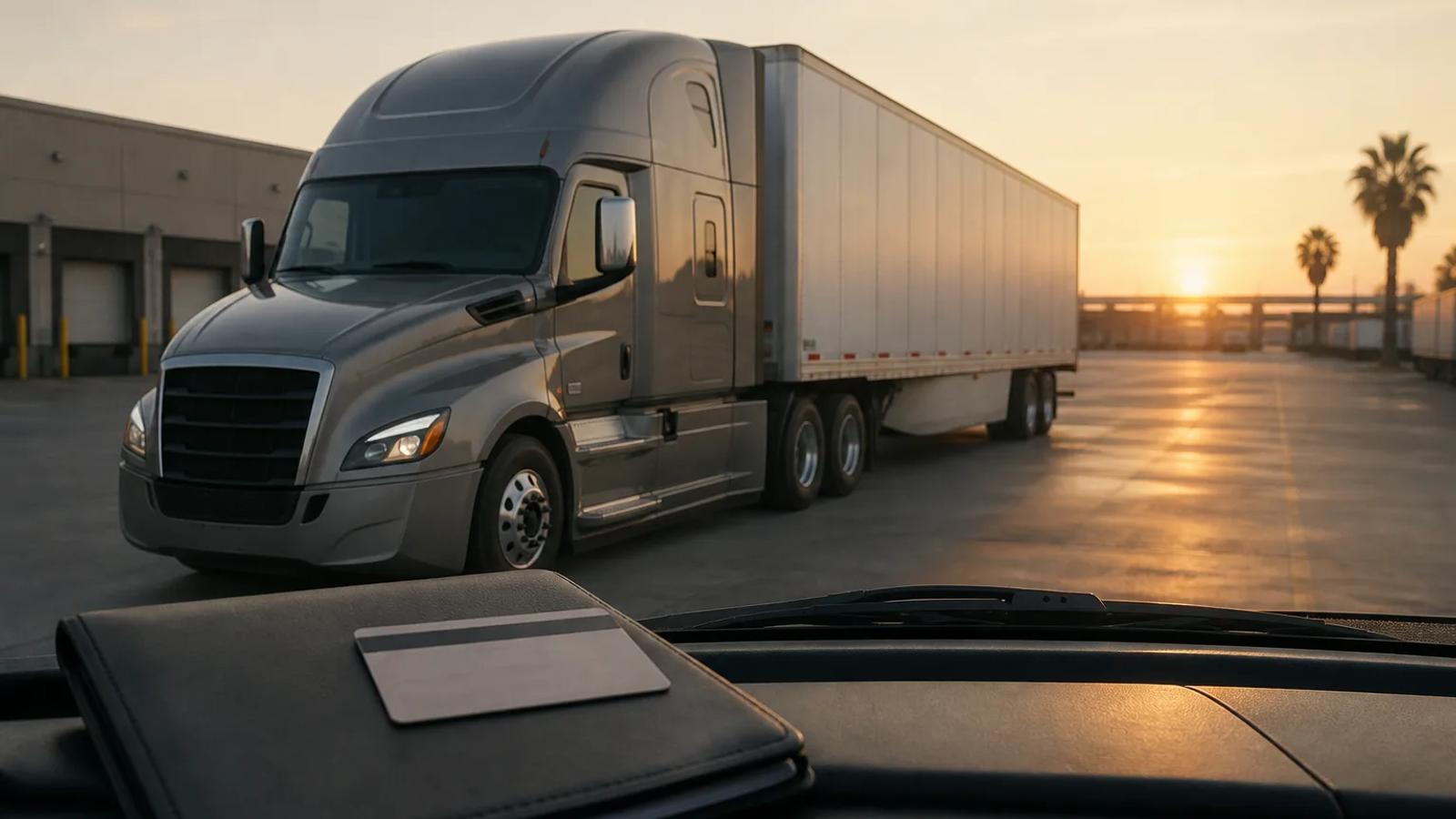An unbranded commercial truck at a California freight yard with an anonymous license card and document folder in the foreground