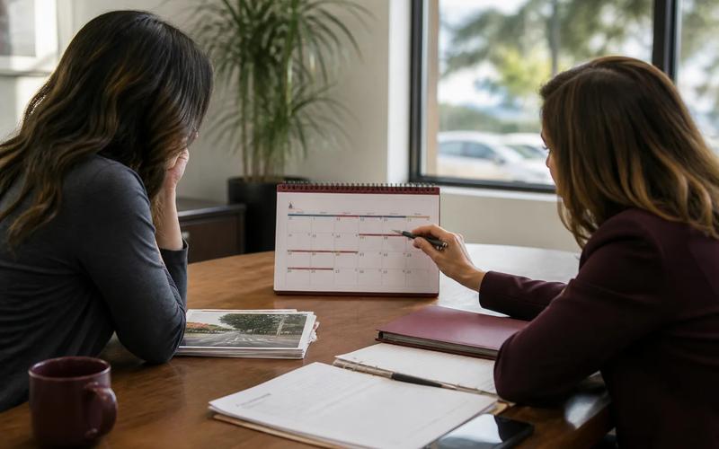 A family member and attorney marking wrongful-death, estate, and evidence dates on a respectful memorial calendar
