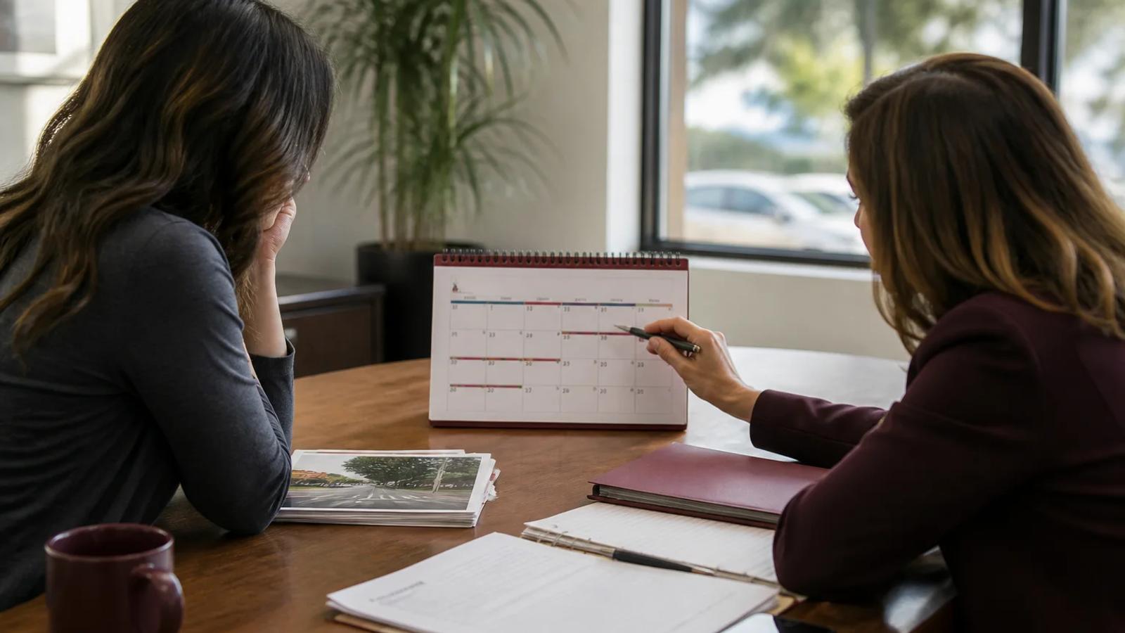 A family member and attorney marking wrongful-death, estate, and evidence dates on a respectful memorial calendar
