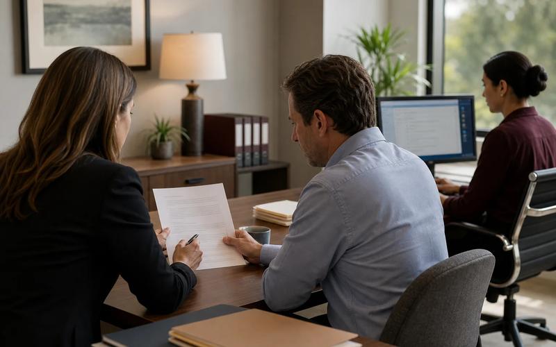 A business owner and defense attorney reviewing a subpoena while an employee secures a records archive