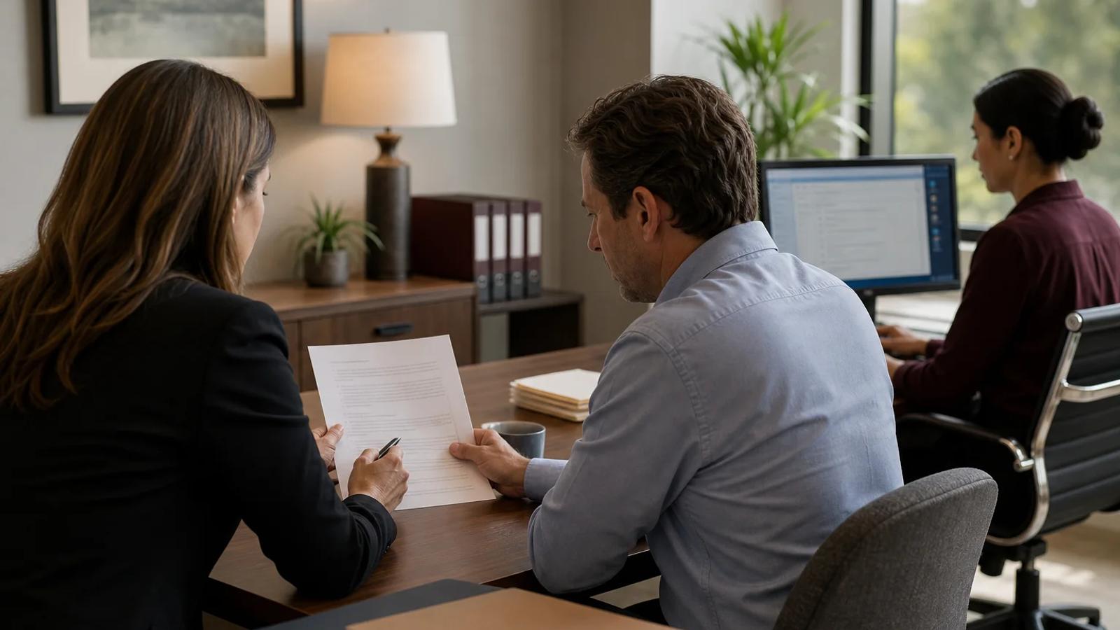A business owner and defense attorney reviewing a subpoena while an employee secures a records archive