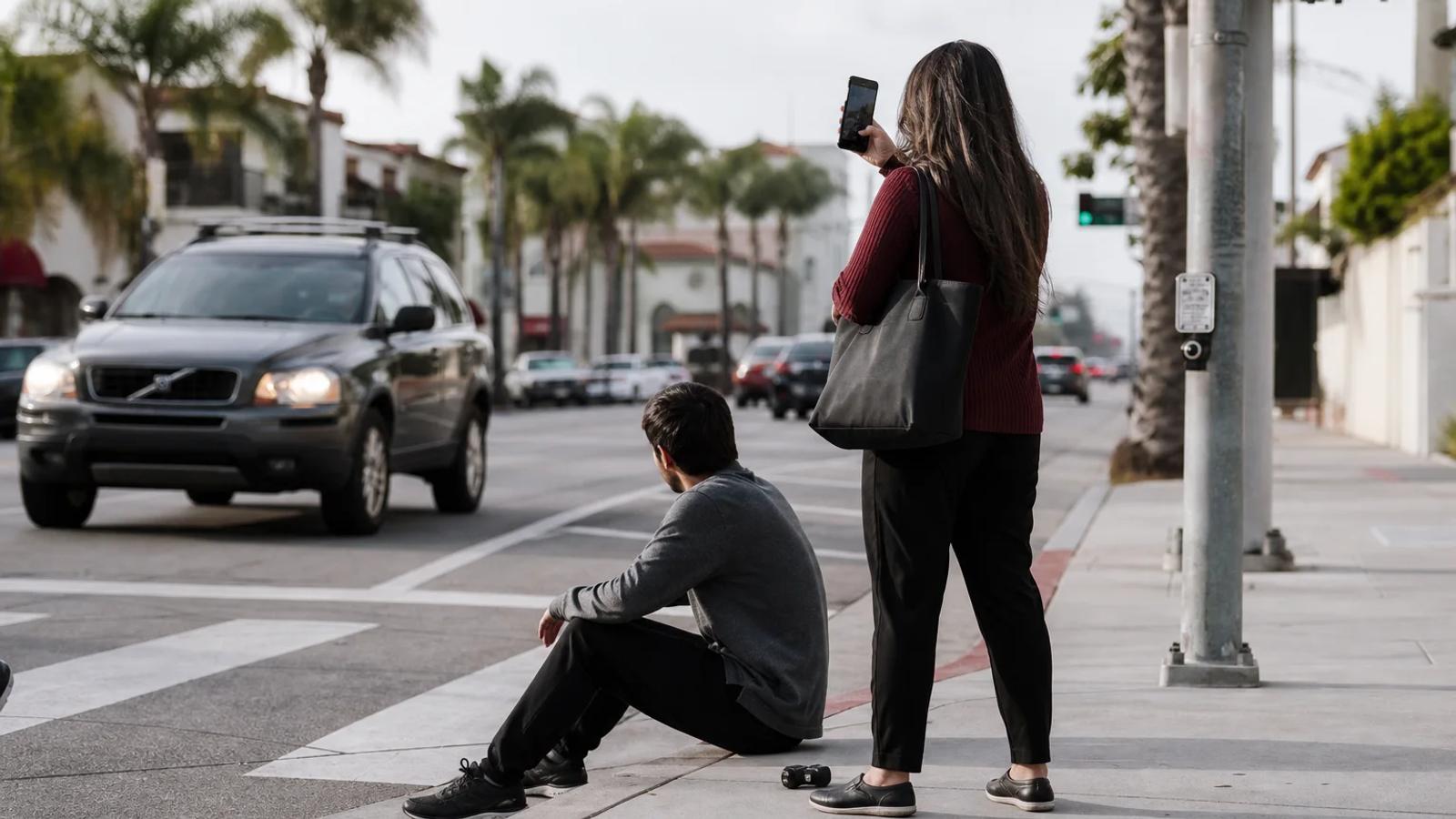 A companion helping a pedestrian at a crosswalk while another person safely photographs the intersection