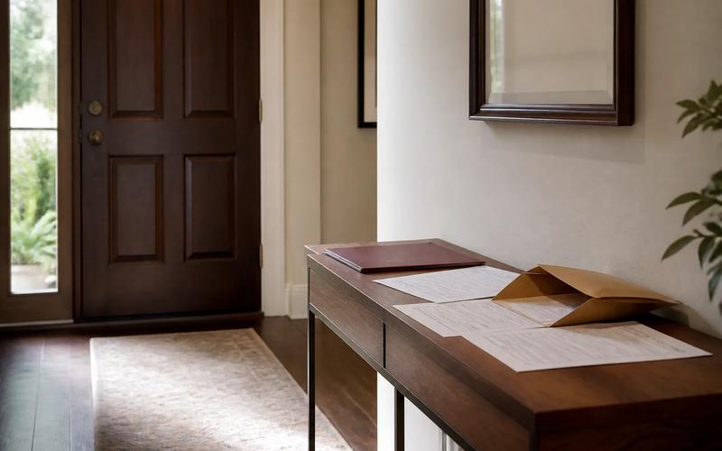 A closed front door, anonymous warrant papers, and property-inventory form in a quiet entryway