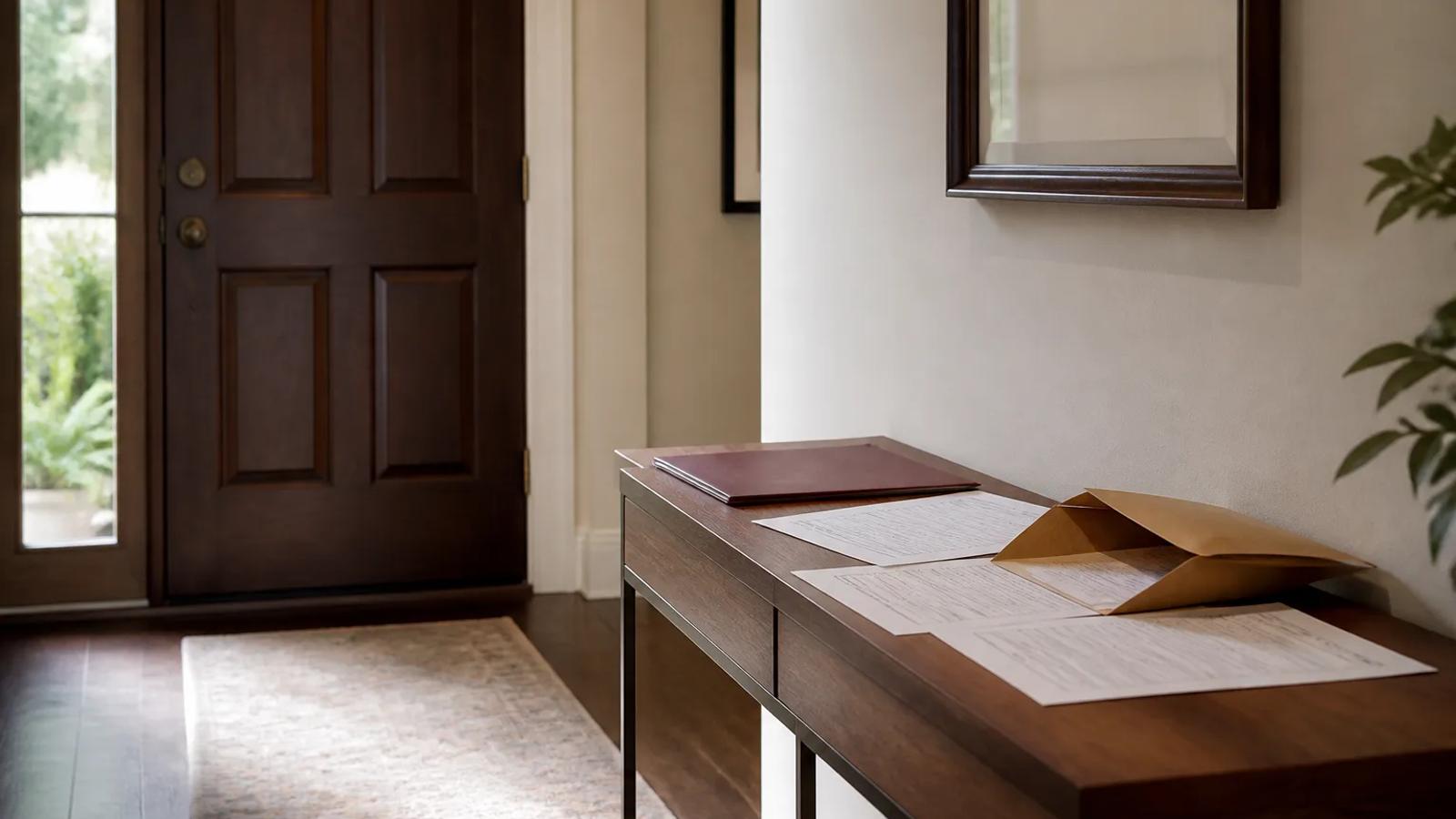 A closed front door, anonymous warrant papers, and property-inventory form in a quiet entryway