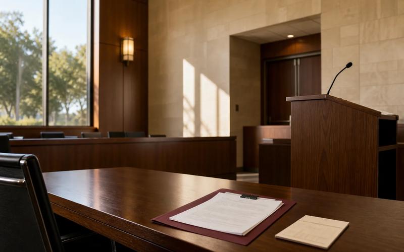 An empty California courtroom lectern with an anonymous complaint and court calendar in the foreground