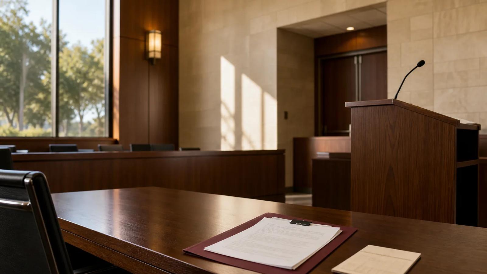 An empty California courtroom lectern with an anonymous complaint and court calendar in the foreground