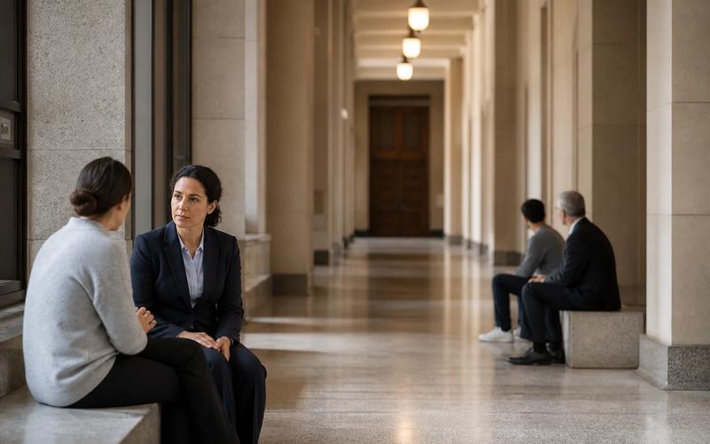 A reporting person speaking with a courthouse professional while another adult consults counsel at a distance