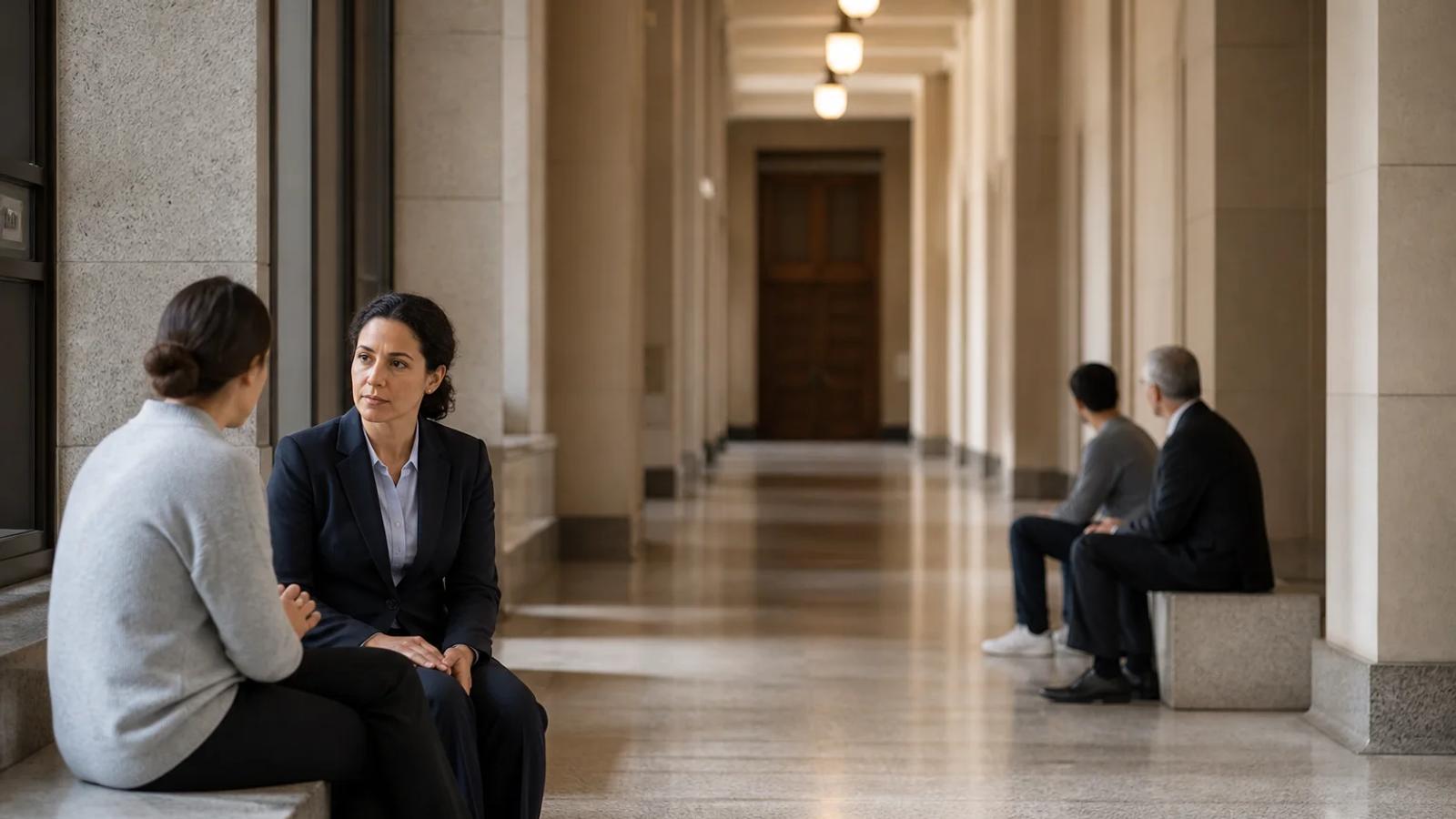 A reporting person speaking with a courthouse professional while another adult consults counsel at a distance