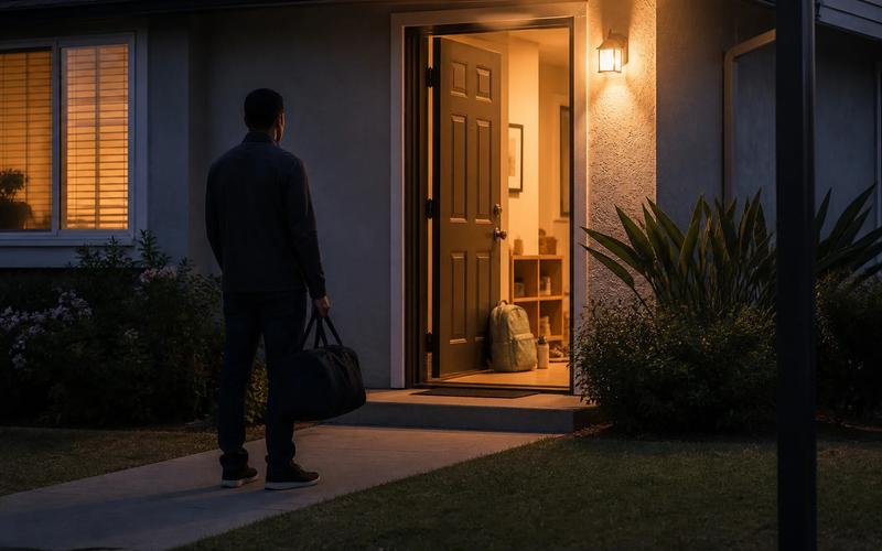 An adult waiting outside a family home with an overnight bag while a child's backpack remains visible inside
