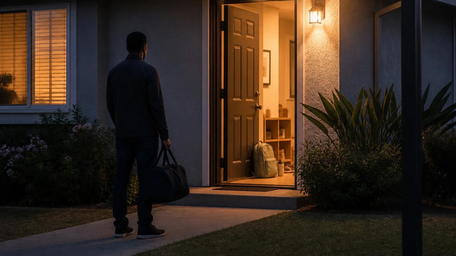 An adult waiting outside a family home with an overnight bag while a child's backpack remains visible inside